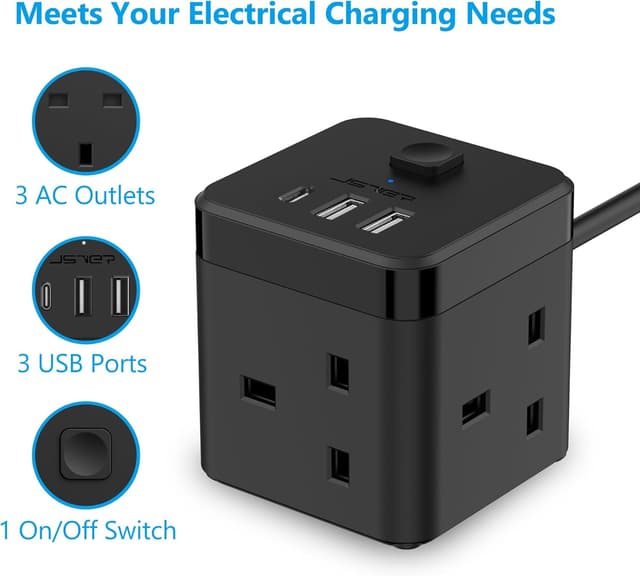 Detalle 2 de JSVER Cube Extension Lead with 3 USB Ports (5V/2.4A) and 3 AC Outlets, 200cm Cable – Black