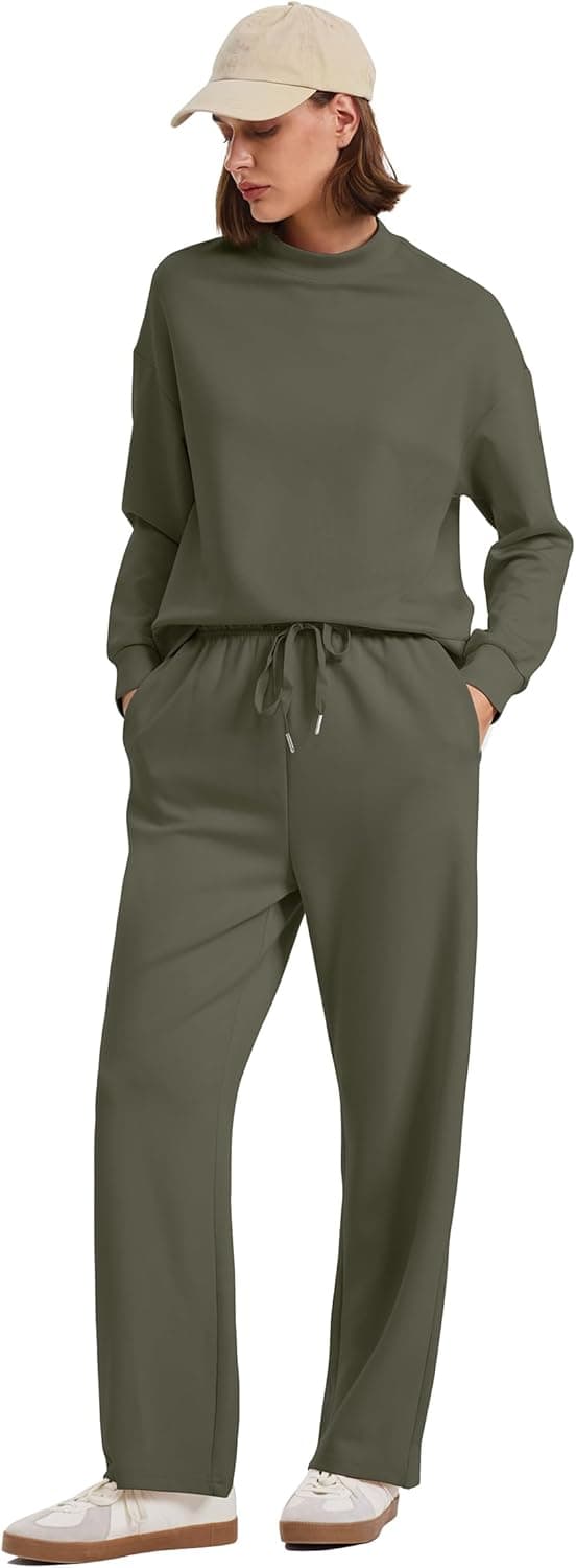 Detalle 2 de WIHOLL Two-Piece Lounge Set for Women (Mock Neck Top + Wide-Leg Pants)