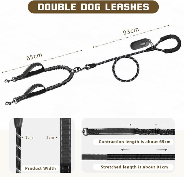 Detalle de Blanlody double dog lead for walking 2 dogs: no-tangle bungee split lead with reflective design