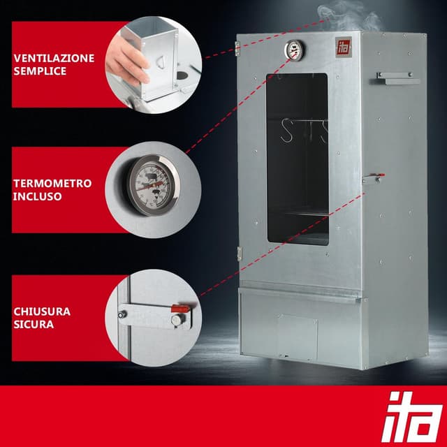 Detalle de ITA Affumicatore 7000, armadio per affumicare premium in acciaio zincato con 3 ripiani, finestra e termometro