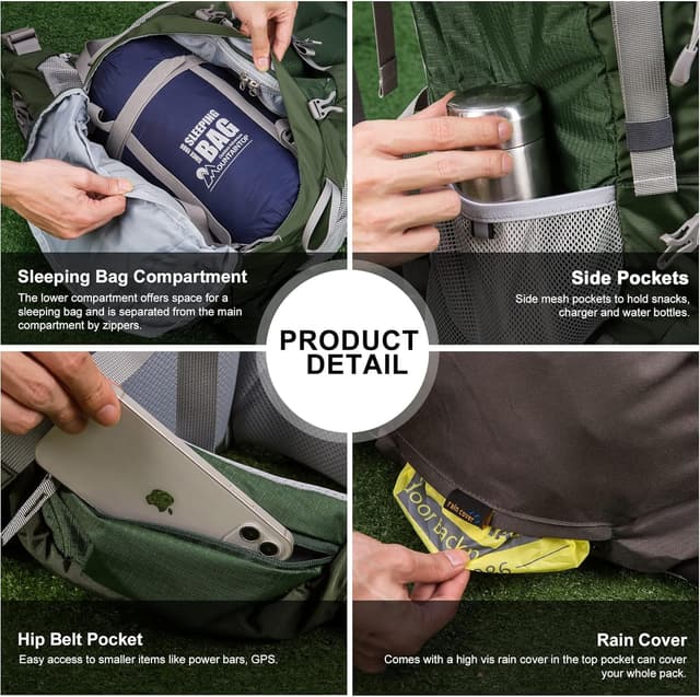 Detalle de MOUNTAINTOP Trekkingrucksack 70L (mit Regenschutz) für Damen & Herren – für 4 bis 6 Tage Touren