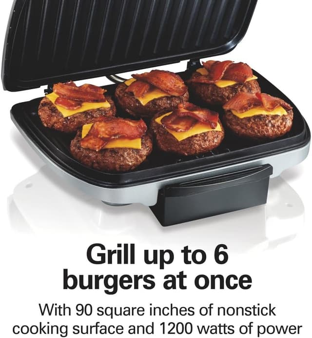 Detalle de Hamilton Beach Electric Indoor Grill (25371) — 6-Serving, Nonstick Easy-Clean Plates, Floating Hinge