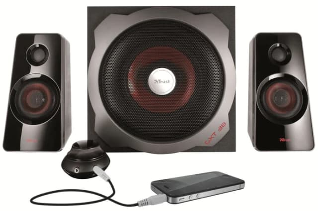 Detalle de Trust GXT 38 2.1 PC-Lautsprecher-Set mit Holz-Subwoofer und 2.1-Sound