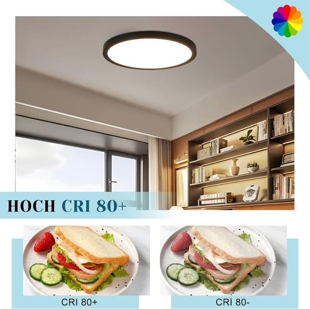 Detalle de ZMH Deckenlampe LED fürs Badezimmer, flach (Ø 30 cm), 24 W, 3000 K, IP44, schwarz