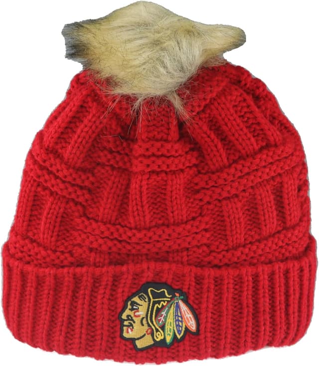 Detalle de ZHATS NHL Officially Licensed Women’s Faux Fur Pom Beanie (Columbus Blue Jackets)