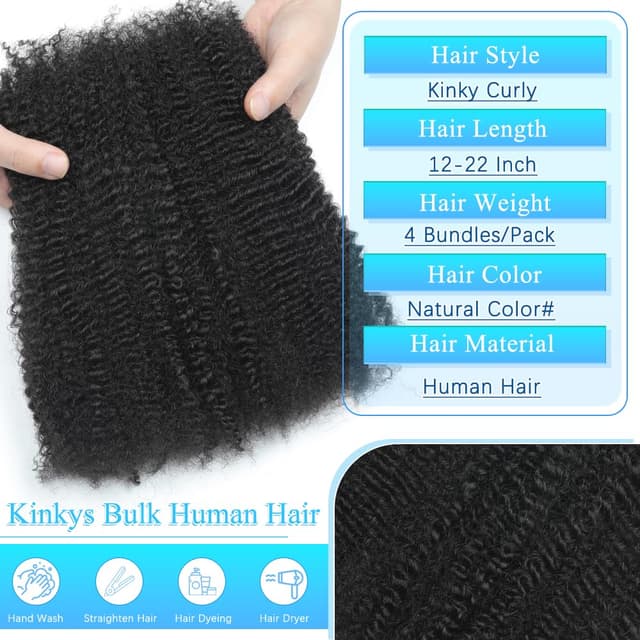 Detalle 2 de Renyarch Afro Kinkys Bulk Human Hair (16 inch, 4 bundles) for Spring Twists, Loc Repairs, and Braids