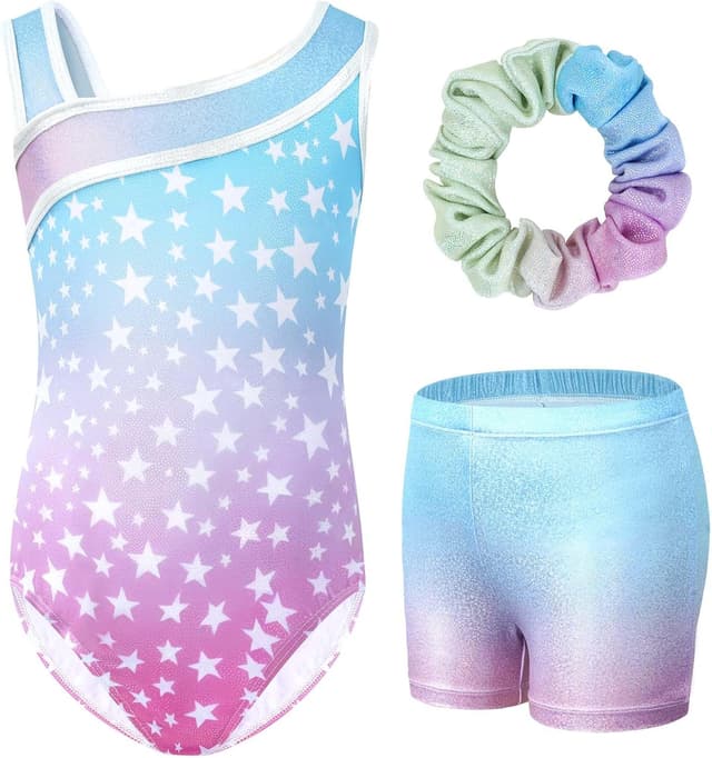 Detalle de Gogokids girls’ three-piece gymnastics set (sleeveless leotard, shorts and hairband) for ages 3–12