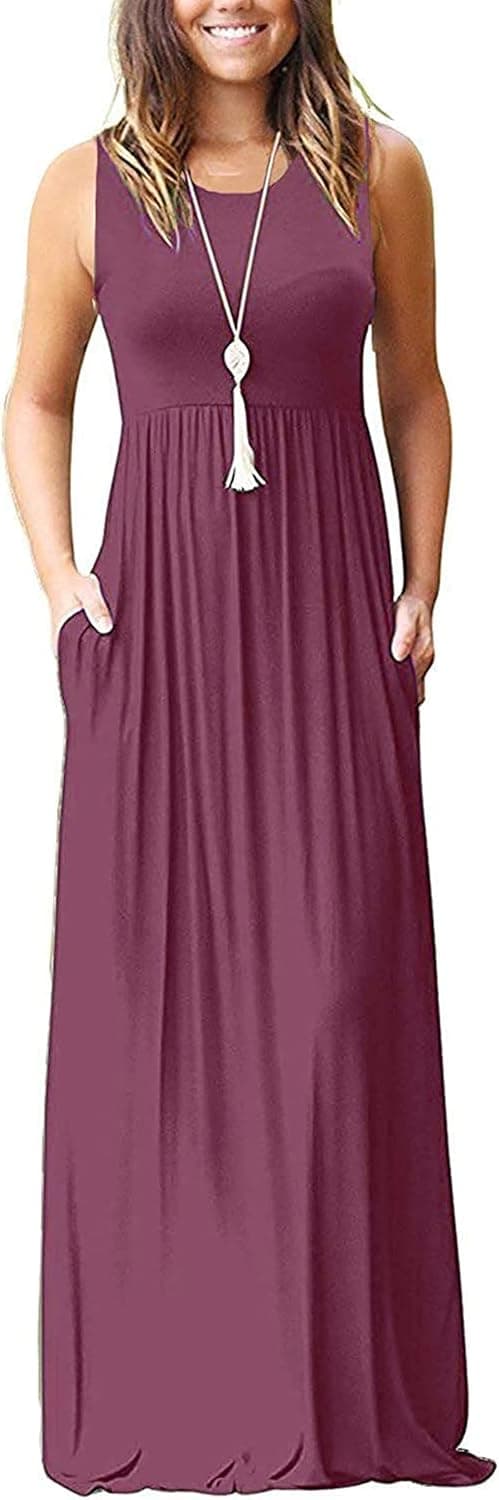 Detalle de AUSELILY summer casual maxi dress with pockets – sleeveless long dress with elastic waist