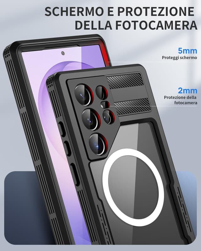 Detalle de Focusor Cover impermeabile IP68 per Samsung Galaxy S26 Ultra, custodia rugged subacquea 360° con protezione schermo, nero
