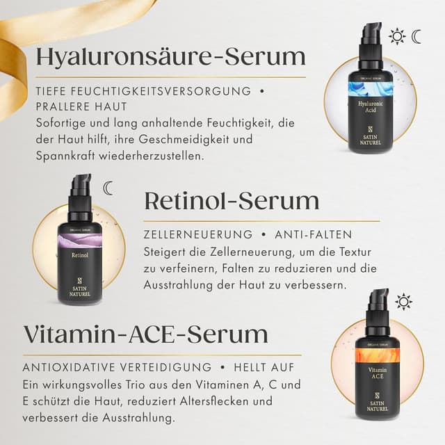 Detalle de Satin Naturel luxuriöses Serum-Set für Frauen: 3×30 ml mit Retinol, Hyaluron & Vitamin C in Geschenkbox