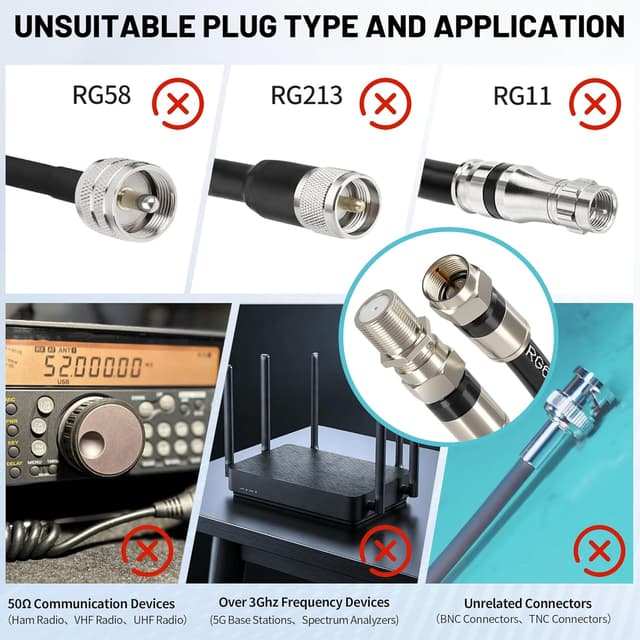 Detalle de Energeaster 50FT RG6 Coaxial Cable with F-Type Connector (Black) — Coax Cable Extender for Internet and TV