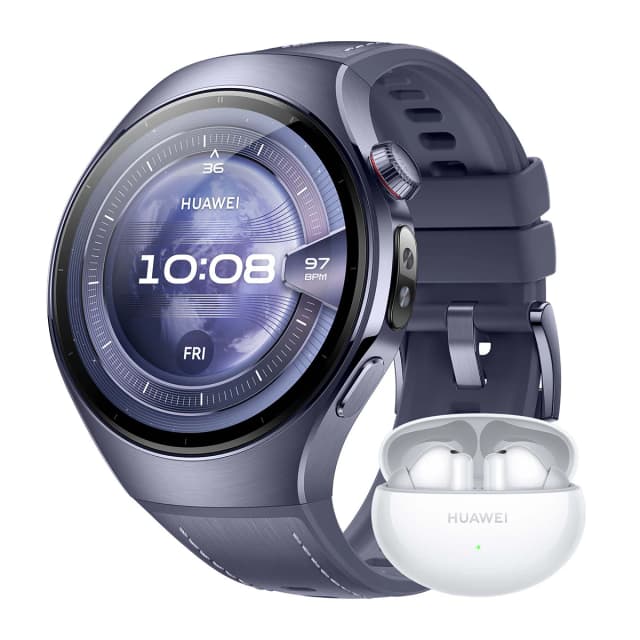Detalle de Huawei Watch 5 46 mm Morado con auriculares FreeBuds 6i blancos