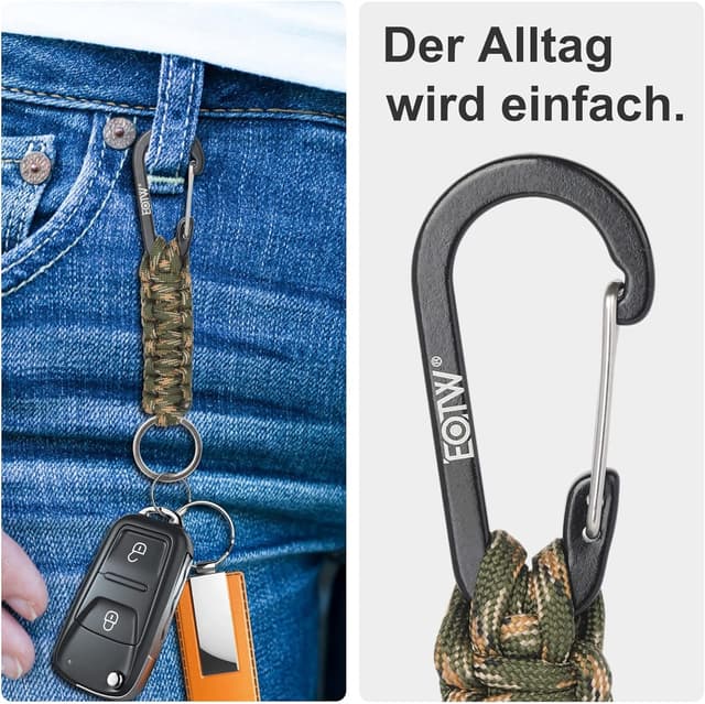 Detalle de EOTW Paracord Schlüsselanhänger mit Karabiner und D-Ring – personalisierbar, für Schlüssel, Auto, Camping & Alltag