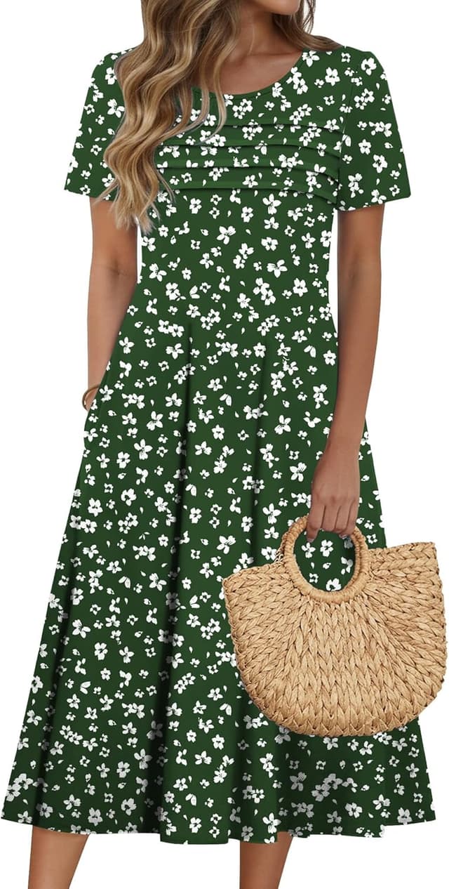 Detalle de Zeagoo Women’s Casual Short Sleeve Flare Midi Dress with Pockets (Floral Pleated Front)