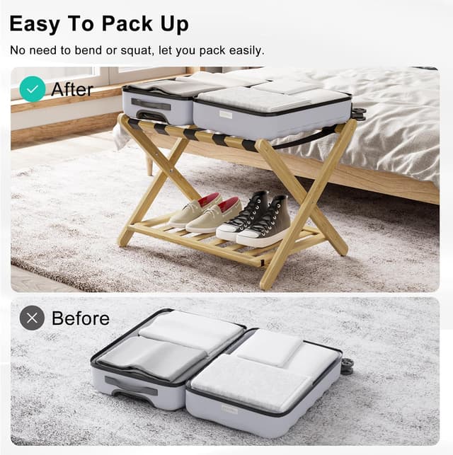 Detalle de Smuxee Fully Assembled Bamboo Foldable Luggage Rack with Shelf & 5 Nylon Straps