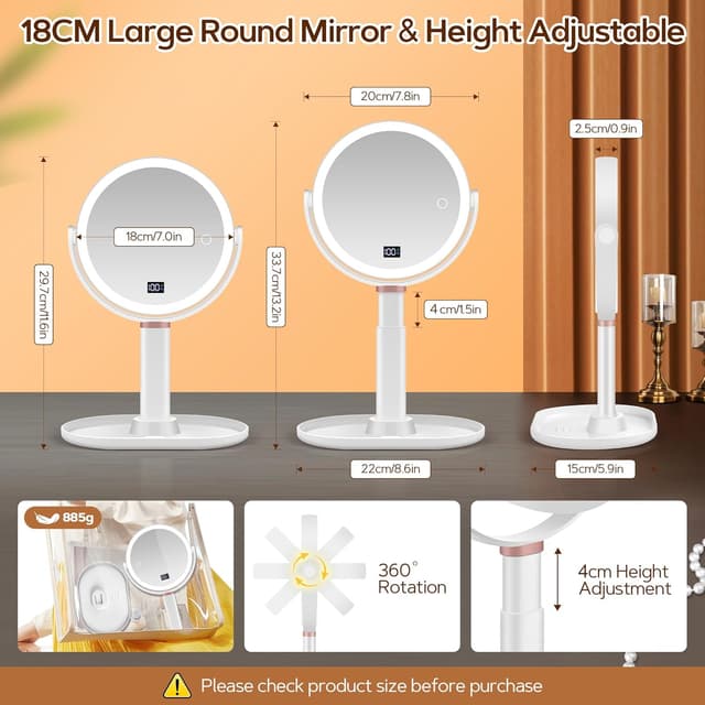 Detalle 2 de Magnifying Mirror with Light 30X/1X Double Sided (with Tweezer) – 3 Colour Modes, Adjustable Brightness & Height, 360° Rotation