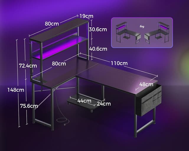 Detalle de Coleshome Reversible L-Shaped Gaming Desk with LED Lights, Power Outlets & Shelves (110 × 80 cm) – Black