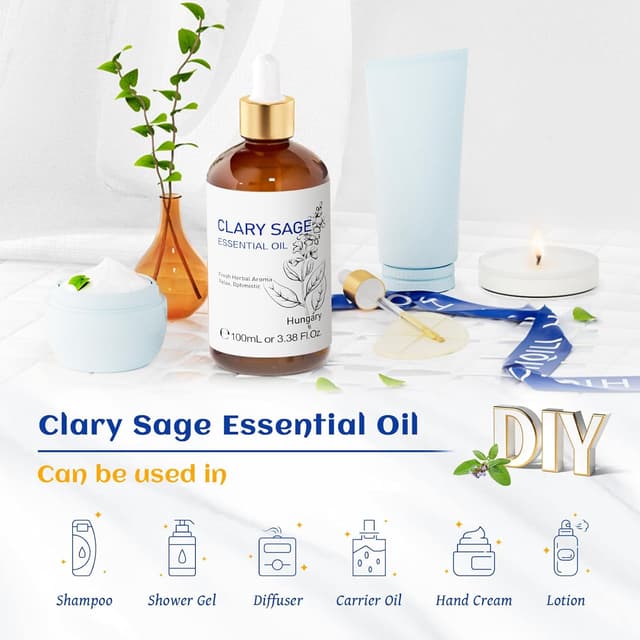 Detalle de HIQILI Clary Sage Essential Oil 100ml (100% pure, undiluted) for aromatherapy, massage, bath and skincare