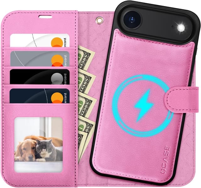 Detalle de OCASE Handyhülle für iPhone Air (6,5") – 2-in-1 abnehmbare Magnet- Klapphülle mit RFID, Kartenfach, Standfunktion und Qi-Laden (Rosa)