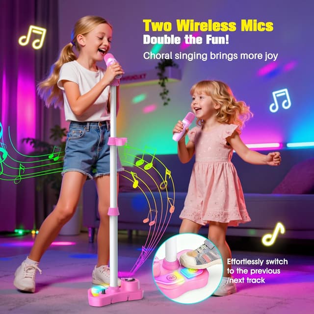Detalle de Kinder-Karaoke-Set mit Karaoke-Maschine und 2 Mikrofonen (Bluetooth 5.3, TF-Karte, USB, AUX) – mit höhenverstellbarem Ständer