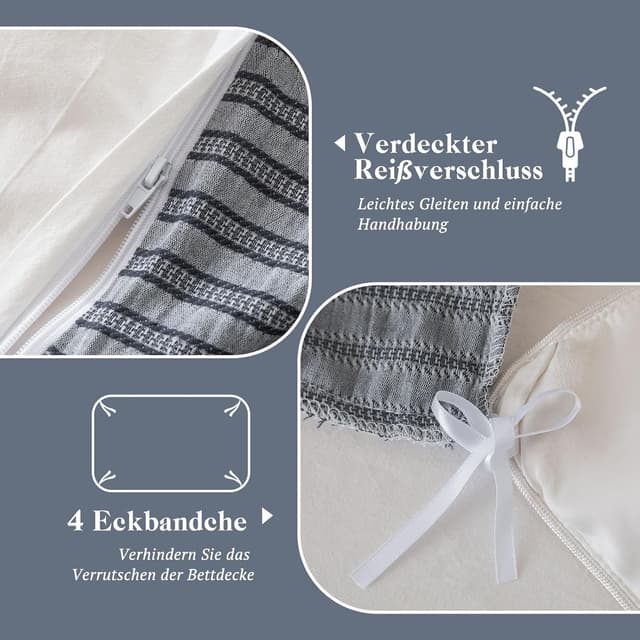 Detalle de SOULFUL Bettwäsche-Set 155x220 aus Baumwolle, gestreift (Jacquard), Graublau