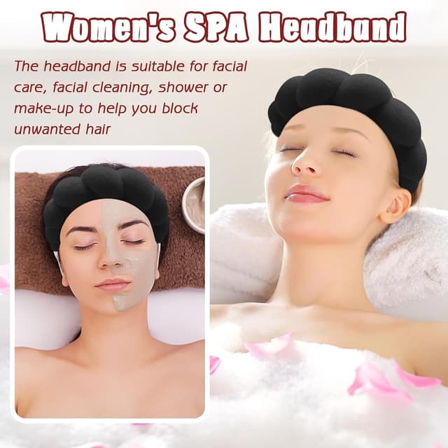 Detalle de Zkptops Spa Headband & Wristband Set for Face Washing (Black) — Terry Cloth Hair Accessory