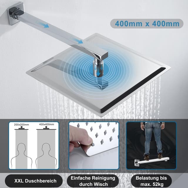 Detalle de JOHO pommeau de douche pluie 40×40 cm avec bras 37 cm en acier inox SUS304