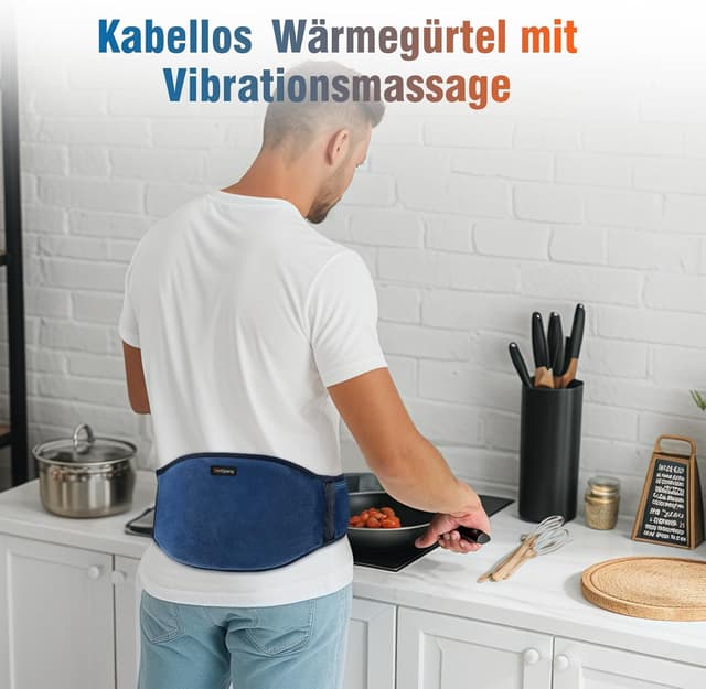 Detalle 2 de Comfytemp Wärmegürtel mit Vibrationsmassage, kabellos (Akku 25 Wh) für Rücken – 18 x 147 cm