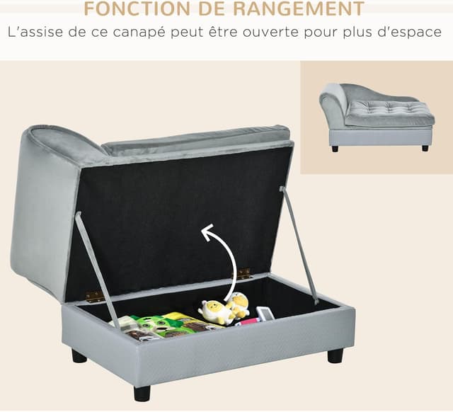 Detalle de PawHut Canapé pour chien et chat sur pieds avec coffre de rangement et coussin amovible Gris clair (76 x 45 x 43 cm)