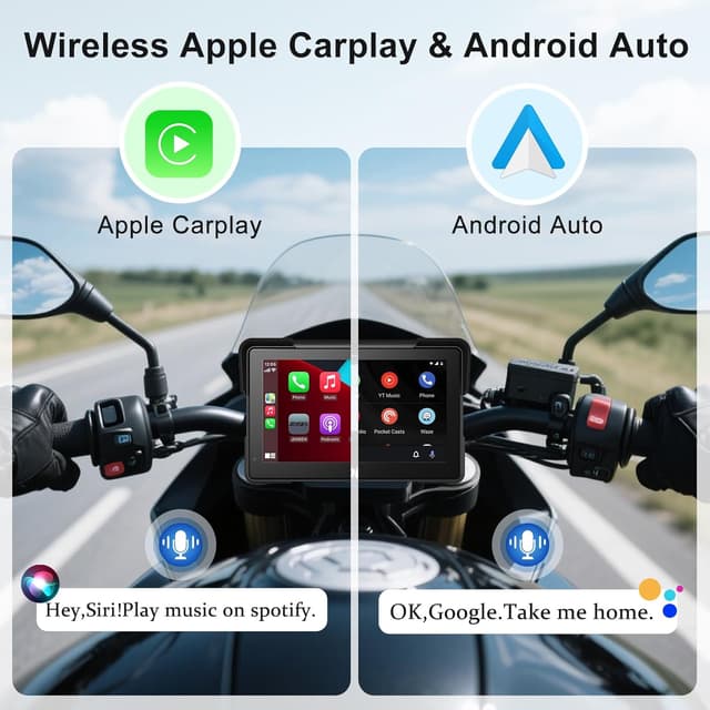 Detalle de Wireless Motorcycle CarPlay & Android Auto GPS (7-Inch Touchscreen) with AHD Dual Cam, Siri/Google Assistant, Looping, GPS, TMPS, IP69K