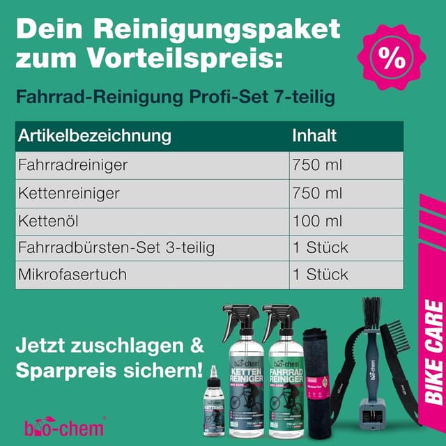 Detalle de bio-chem CLEANTEC Bio-chem Pflegeset für Fahrrad & Mountainbike – Profi-Reinigungs-Set mit 7 Teilen (750 ml Reiniger, 750 ml Kettenentfetter, 100 ml Schmieröl)
