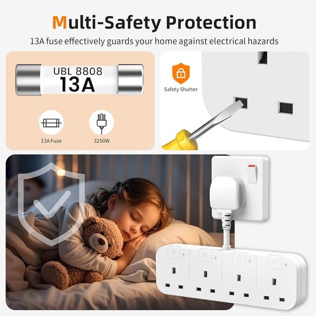 Detalle de Multi Plug Extension Socket 4 Way (Flexible Plug) with Individual Switches, UK 4-Gang Adapter – White