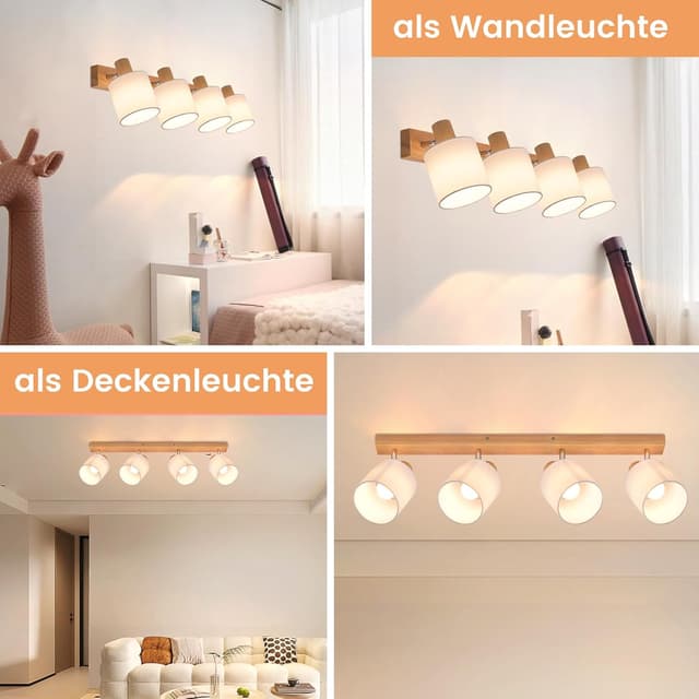 Detalle de Glitzerlife Deckenstrahler 4-flammig mit Holzsockel, Stoffschirm und schwenkbaren Köpfen (E14, max. 25 W)