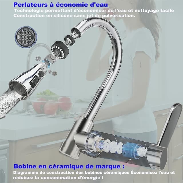 Detalle de XWIHTR robinet de cuisine extractible pivotant 360° en acier inoxydable à 3 modes