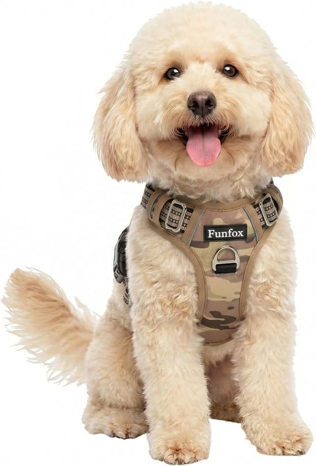 Detalle de Funfox Dog Harness Small (Camo Brown S) – No-pull puppy harness with vertical handle, reflective strips & 2 clips