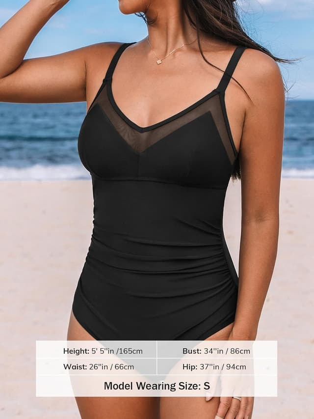 Detalle de Costume da bagno intero donna CUPSHE con scollo a V sul retro, rete increspata e spalline regolabili