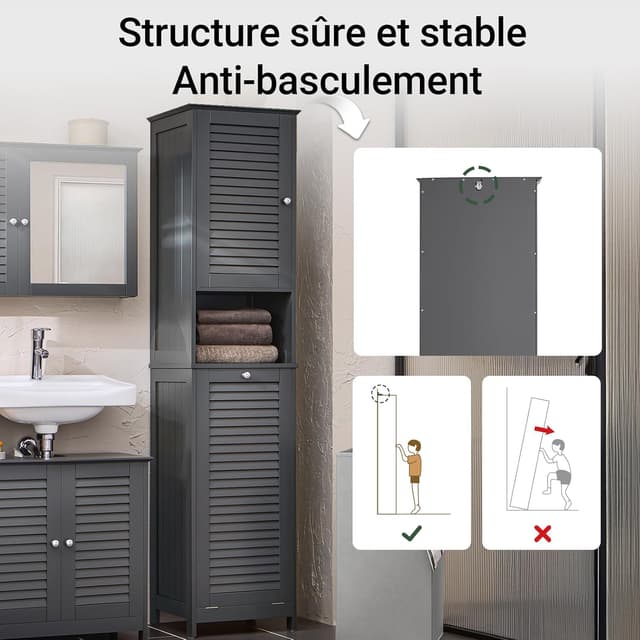Detalle de SoBuy Meuble colonne avec panier à linge BZR124-DG, armoire étroite pour salle de bain ou WC (gris) 40x170x38 cm