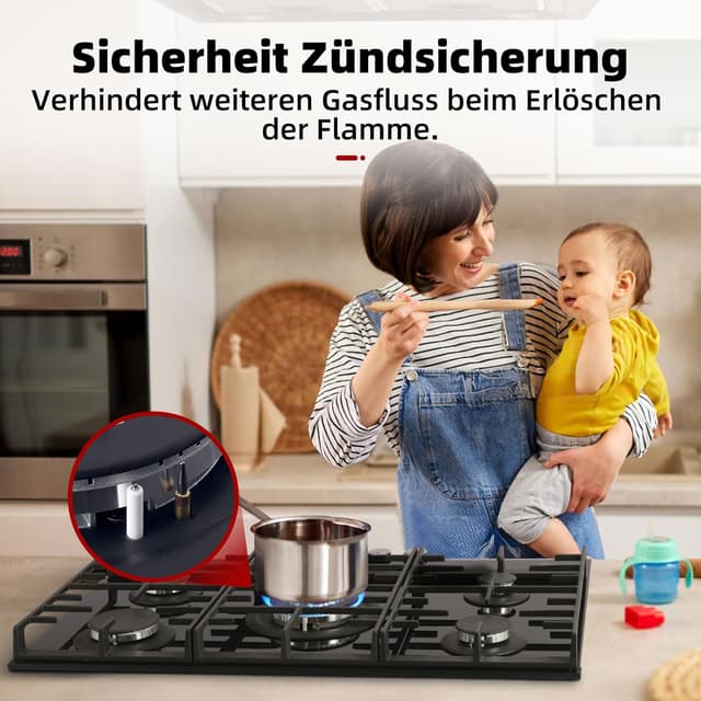 Detalle de GASLAND GH2805BG1FC 76 cm Glas Gaskochfeld mit 5 Flammen und Wok-Brenner
