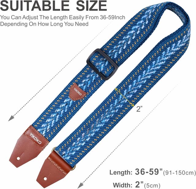 Detalle de YIKOKO Gitarrengurt 5,1 cm aus Baumwolle mit Vollnarbenlederenden – für Bass, E‑Gitarre und Akustik