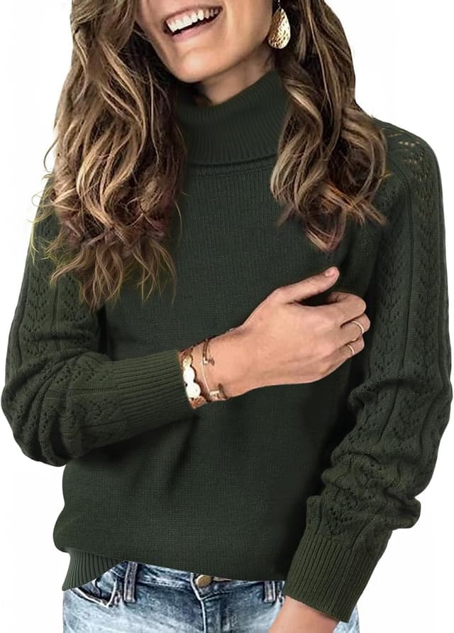 Detalle de Tanmolo Damen Rollkragenpullover mit Lochmuster-Ärmeln – Langarm Strickpullover für Winter & Übergang