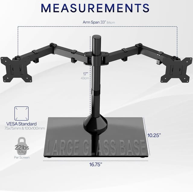 Detalle 2 de VIVO STAND-V002FG Freestanding Dual Monitor Stand with tempered glass base (adjustable arms, up to 32in screens)