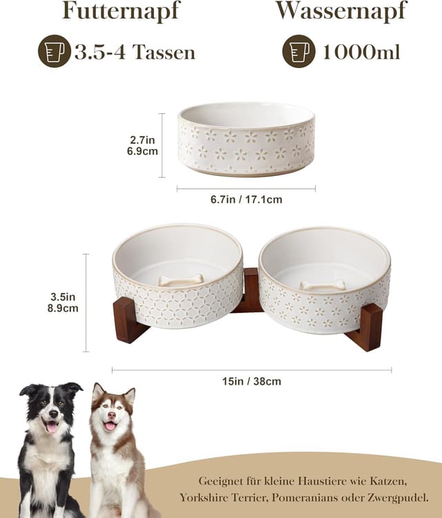 Detalle 2 de MALACASA Keramik-Hundenapf mit Walnussholz-Ständer, 1000 ml, Doppelschale für Futter & Wasser