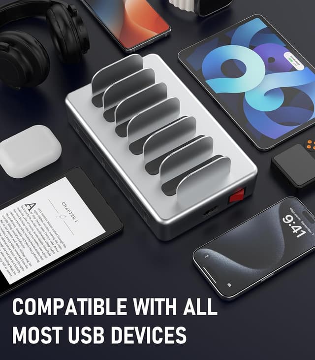 Detalle de CREATIVE DESIGN 6 Port Charging Station (50W) with 6 Short Cables, Silver