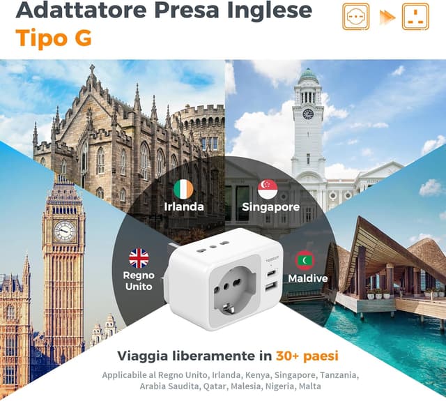 Detalle 2 de TESSAN Adattatore presa Inglese a spina Italiana Pack da 2 (Tipo G) con USB-C e USB-A, 5 in 1
