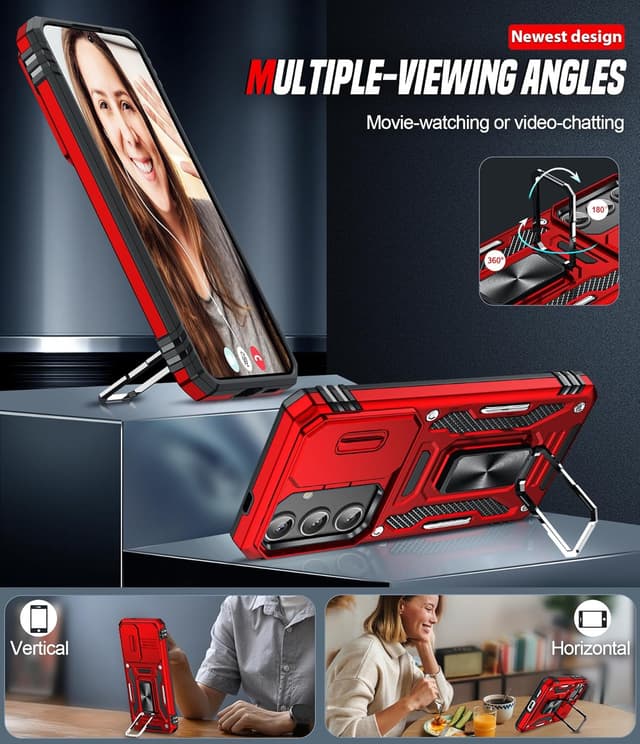 Detalle de LeYi for Samsung Galaxy S25 phone case with sliding camera lens cover and rotatable kickstand (Red)