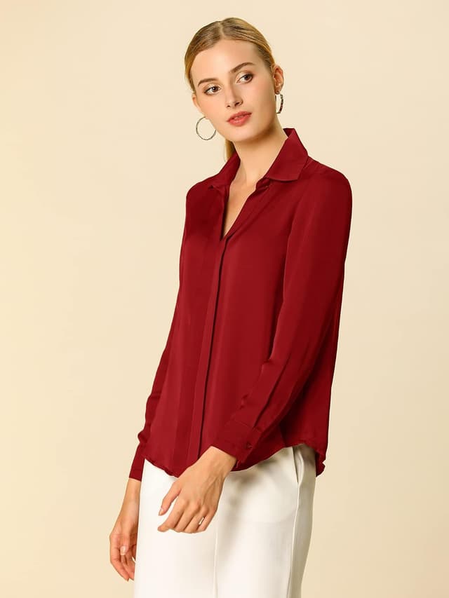 Detalle 2 de Allegra K Damen Satin-Bluse mit V-Ausschnitt und Langarm