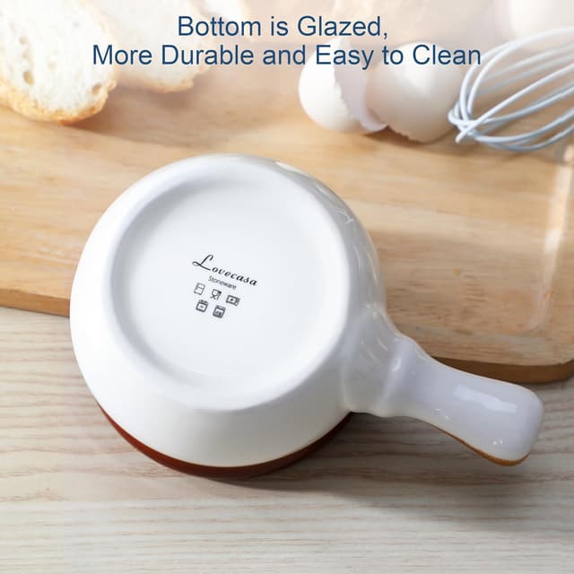 Detalle de LOVECASA 16 oz French Onion Soup Crocks with Lids (Set of 4) – porcelain soup bowls with extended handle