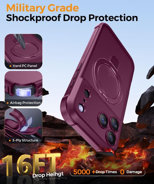 Detalle de MOCCA iPhone 17 Pro Case with MagSafe Invisible Ring Stand & Full Camera Guard (Wine Red)