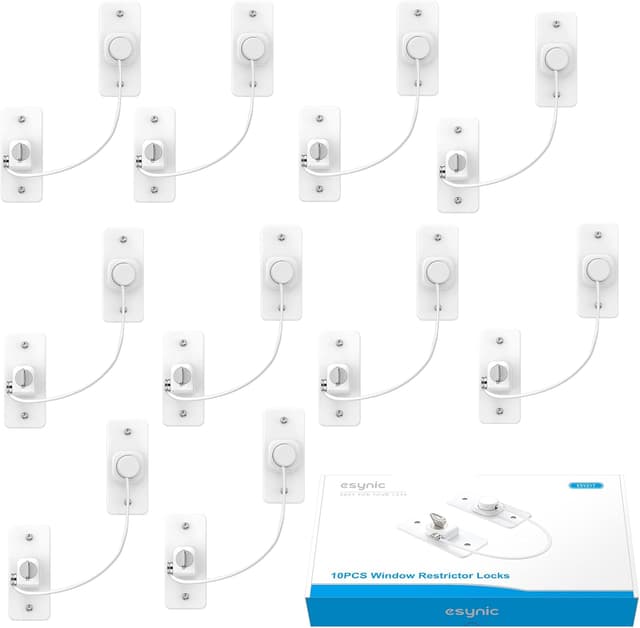 Detalle de eSynic 10 Pack Window Locks for uPVC Windows – Self-Adhesive Cable Restrictors With Key Lock
