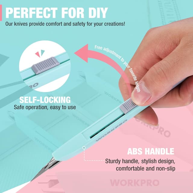 Detalle de WORKPRO Taglierino cutter con lame da 9 mm (set da 3 colori, sicurezza e ricambi)